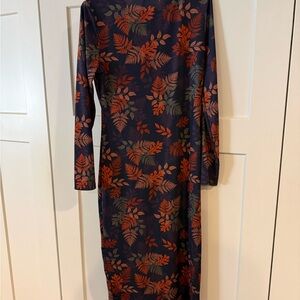 SHEIN Navy and Orange Leaf Print Long Sleeve Dress